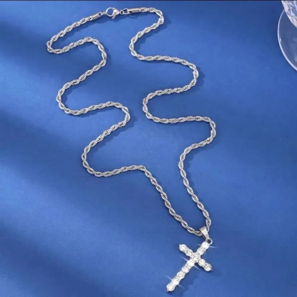 Unisex Simulated Diamond cross pendant necklace 23 inches